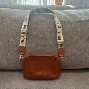 Clare V Tan Leather Crossbody Bag with Patterned Strap